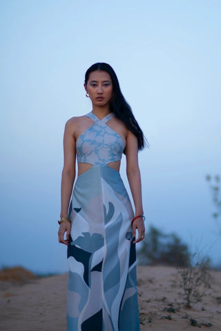 Sleeveless abstract patterned maxi dress with modern silhouette – front angle.