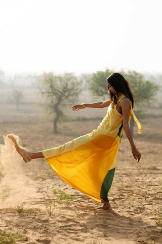 Light yellow One-side off shoulder silk dress with bamboo prints. Ideal for vacation styling, brunch minimalist statement outfit, elegant summer dress.