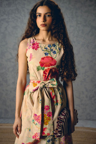 Off-white floral maxi dress with fitted bodice, gathered detailing, and elegant floor-length design for effortless daywear.