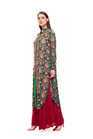 Green Pink Embellished Paisley Printed Shirt dress for Wedding Festivities, Formal Events, Casual Outings, Celebrations Evening Parties. Trendy Ethnic, Chic and stylish women's wear.