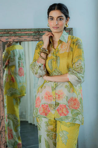 Model wearing lime Co-ord set with fresh vibrant prints for comfort and style with a touch of elegance.