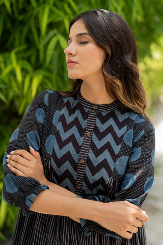 Amra black striped and indigo cotton side pleat kurta, boho hand block print - back view