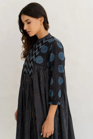 Amra black striped and indigo cotton side pleat kurta, boho hand block print - chevron, polka and stripe block print detail