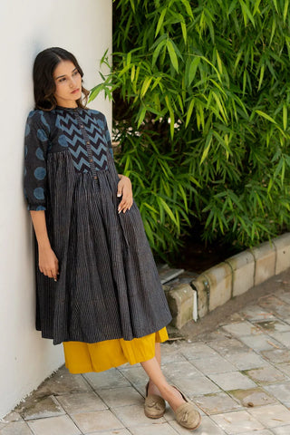 Amra black striped and indigo cotton side pleat kurta, boho hand block print - summer holiday look