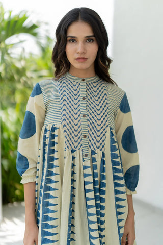 Amra ivory and indigo cotton side pleat kurta, boho hand block print - chevron yoke and mandarin collar