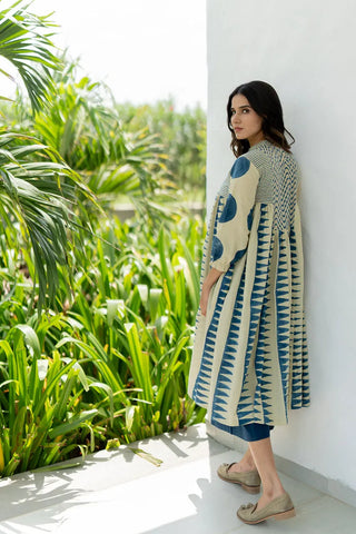 Amra ivory and indigo cotton side pleat kurta, boho hand block print - back view, resort look