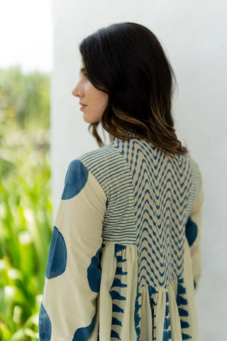 Amra ivory and indigo cotton side pleat kurta, boho hand block print - polka dot sleeve and back yoke detail