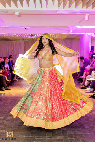 An ode to Rajasthan, in shades of Tuscany yellow, hot pink, onion pink and apple green. Australian fashion week 2025.
