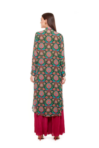 Back look of Green Pink Embellished Paisley Printed Shirt dress for Wedding Festivities, Formal Events, Casual Outings, Celebrations Evening Parties. Trendy Ethnic, Chic and stylish women's wear.