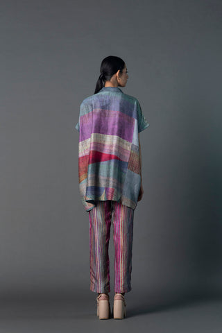 Back look of array abstract multicolor co-ord set. A two piece kaftan set in avant garde print designed in-house. chic and stylish women's formal wear.