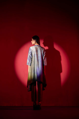 Array shady bluish green co-ord set with mandarin collar and 3/4th sleeves. Perfect for formal events, resort, brunch, soiree, chic and stylish women's wear. Designed by Clos.