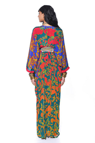 Back look of the royal paisley colorful kaftan Boho chic fusion fashion for cocktail parties, festive occasions, Resort wear.