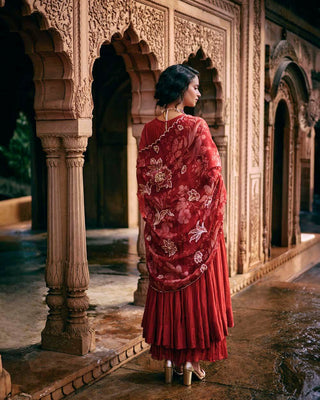 Back look of Crimson red malai chanderi  40 kali anarkali set, with beautiful flare, paired with a skirt and a statement printed dupatta. Perfect for Sangeet Nights, Mehendi and Engagements, Business Cultural Events and festivals. Designed by Paulmi and Harsh.