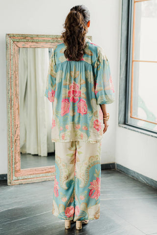 Back look of co–ord set. Resort wear, brunch to soiree, vacation in stlye, gen-z glam, floaty and fierce and more. Designed by Paulmi and Harsh.