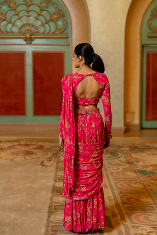 Back look of the Pink pre stitched georgette saree with hand embroidered full sleeve blouse and cutdana belt. Perfect designer outfit for festive occasions, weddings, parties, bridal wear.