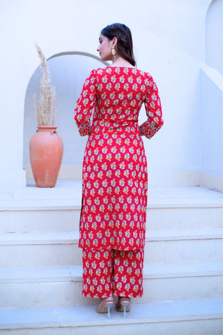 Traditional red cotton kurta set with hand block print, gota patti work and net dupatta, women’s ethnic wear outfit perfect for festive occasions, daily wear and summer styling.
