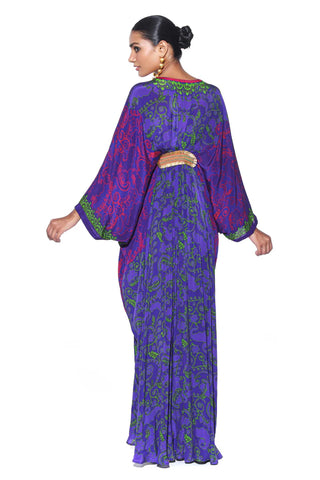 Back of the purple neon green Paisley Print, Pleated designer Kaftan with Hand Bead Embroidery. A Vibrant Indo-Western Fusion Dress for Resort Wear, Cocktail Parties, and Bohemian Ethnic Fashion.
