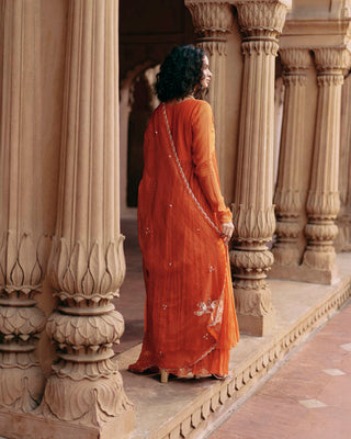 Back look of rust orange malai chanderi gathered anarkali set, features a gathered anarkali, skirt and dupatta and features our signature Roop Flip bird motif, making this ensemble timeless. Perfect for Sangeet Nights, Mehendi and Engagements, Business Cultural Events and festivals.