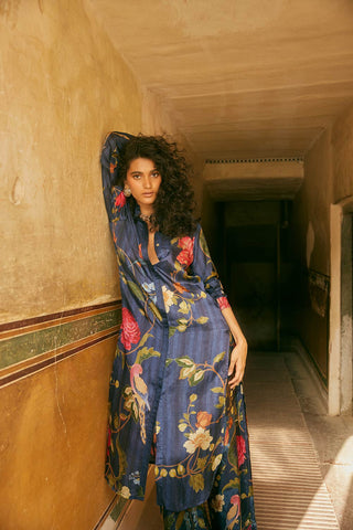 Blue blooming floral habutail silk kurta set is perfect for festive casual resort look.