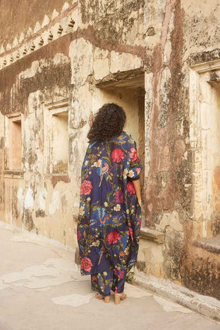 Blue floral jacket the back look