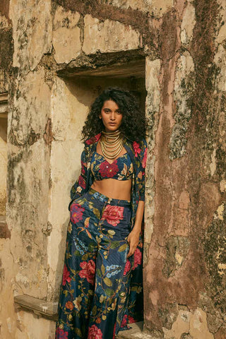 Blue vintage floral printed jacket set with crop top and pants. The pants have side pockets. Perfect dress for parties, brunch, pubbing, formal or casual outing with friends.