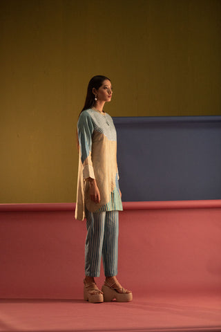 Array mint blue Co-ord set with mandarin collar and 3/4th sleeves. Casual wear, resort, loungewear summer holidays, brunch, soiree, Modern ethnic tunic set for women.