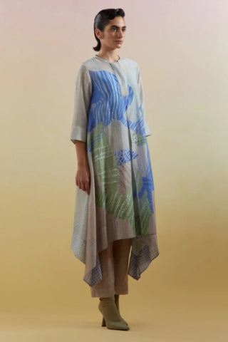 Beige and blue linen silk kurta set with slub cotton inner, featuring asymmetrical hemline and embroidered Flow print.