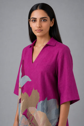 Berry wine Clos Bloom Midi Dress with oversized painterly floral prints, front slits and fluid fall, ideal for daytime events, brunches and casual celebrations.