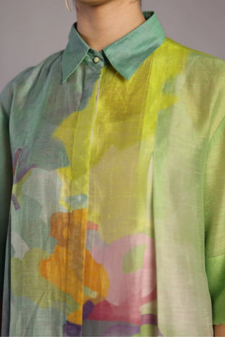 Neon blue and green kurta set, crafted in breathable linen silk fabric with watercolour brush-stroke prints for relaxed yet polished styling.