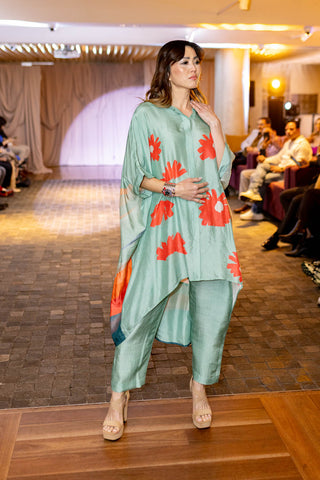 A two piece dupion silk set comprised of abstract geometric and floral print at Australian Fashion Grandeur runway.
