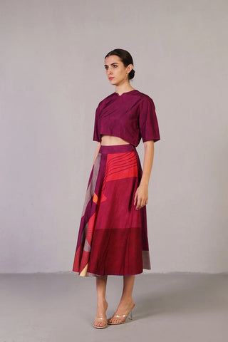 Wine and red co-ord set featuring a half-sleeve top and full flare skirt, crafted in soft dupion silk and designed in-house.