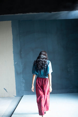 Back look two-piece dupion silk set with miniature floral print short blouse and coordinating parallel pants with fusion textile play – and casual outfit for women