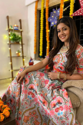 Grey Paisely Rop Top and Skirt. Scuba, Dupion, Net dress for wedding, brides, cocktail parties, festive gatherings, or resort wear. 