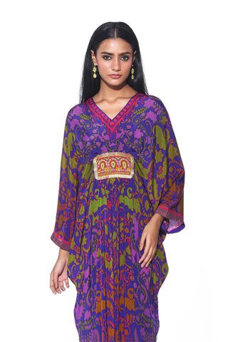 Close up of Royal Purple Paisley Print, Pleated designer Kaftan with Hand Bead Embroidery. A colorful Indo-Western Fusion Dress for Resort Wear, Cocktail Parties, and Bohemian Ethnic Fashion.