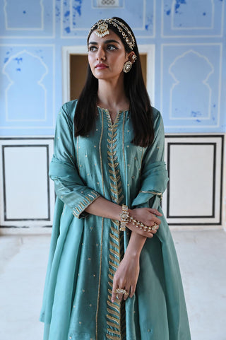 Close up of Turquoise blue embroidered short kurta with dhoti and dupatta. traditional festive wear for all occasions. A perfect traditional ethnic dress for wedding ceremonies or events, party wear outfits for women.