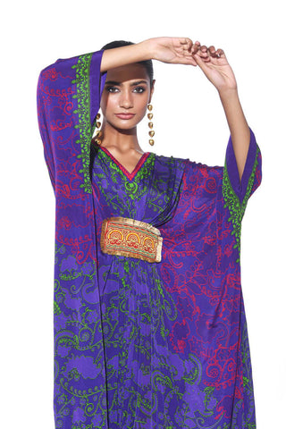 Close up of purple neon green Paisley Print, Pleated designer Kaftan with Hand Bead Embroidery. A Vibrant Indo-Western Fusion Dress for Resort Wear, Cocktail Parties, and Bohemian Ethnic Fashion.