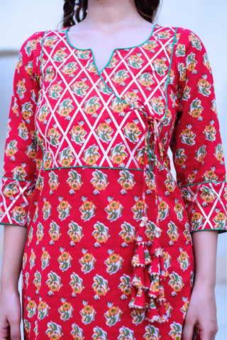 Red cotton hand block kurta set with gota patti work and net dupatta, women’s ethnic wear outfit with traditional print, fully stitched festive and casual suit set for summer styling.