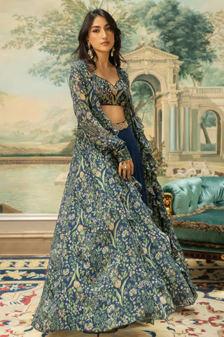 The floral jacket set with palazzo in georgette navy blue colour for festive or ceremonial occasions.