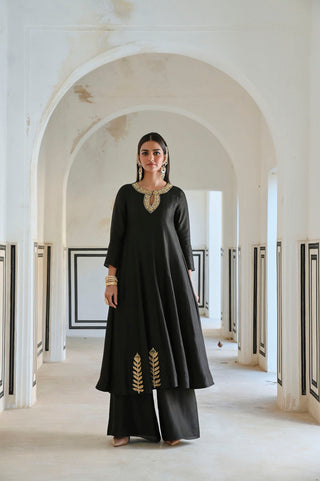 Neckline Embroidered Black Anarkali Suit With Floral Big Butti And Palazzo. Perfect dress for festive occasions, parties, cultural events. Designed by Ease.