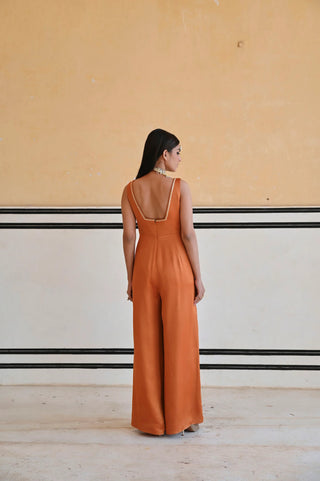 Back look of the copper jumpsuit, a contemporary festive wear piece by Easestudio.