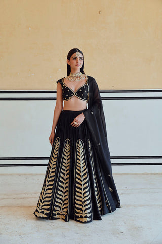 Black 12 Kali Leaf Embroidered Lehenga With Butti Embroidered Blouse And Dupatta. Designed by Ease.