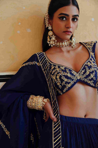 The close of look of the Ease blue jaal embroidery lehenga set from Rahi collection.