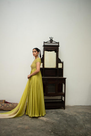 Woman in a green traditional outfit posing to show the ethnic designer look of the anarkali dress. Perfect for festivities celebration, wedding ceremonies.