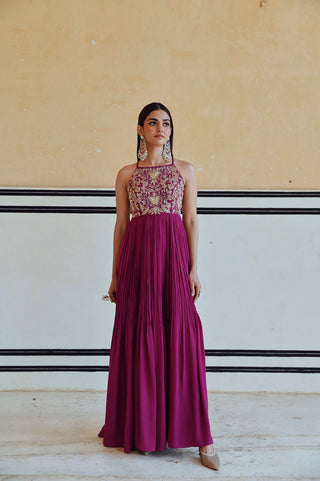 Magenta jaal embroidered Anarkali, Festive wear Magenta Anarkali Dress for parties, weddings, events. Indo western Anarkali set. Designed by Ease.
