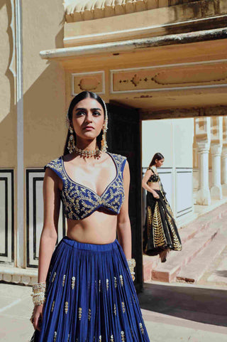 Ease Model Look in blue designer embroidered lehenga with blouse dupatta brides bridesmaid sister destination wedding occasion parties traditional indian wear contemporary design.