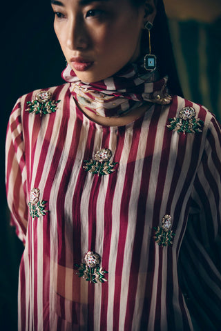 Maroon striped sheer organza kurta with embroidery, bustier and coordinated pants, elegant women’s ethnic outfit perfect for festive celebrations, weddings, and evening styling.
