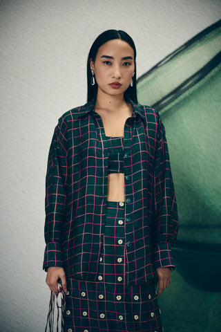 Women’s emerald green checkered skirt with embroidery, bustier top and matching shirt, elegant three piece co-ord set ideal for festive occasions, weddings, and modern ethnic fashion.