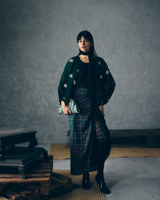 Emerald green checked skirt set with embroidered top and puffy sleeves, stylish ethnic outfit for women, perfect for festive wear, casual outings, and modern traditional fashion looks.