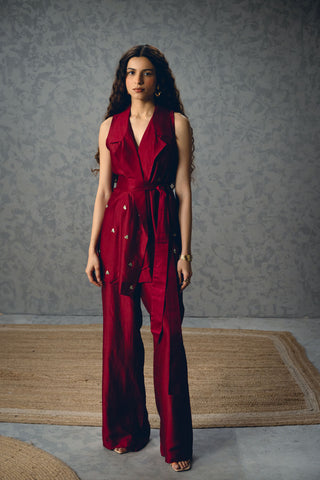 Stylish burgundy co-ord outfit with tie-up vest and matching pants, contemporary women’s fashion set ideal for casual outings, workwear, and elegant day to evening looks.
