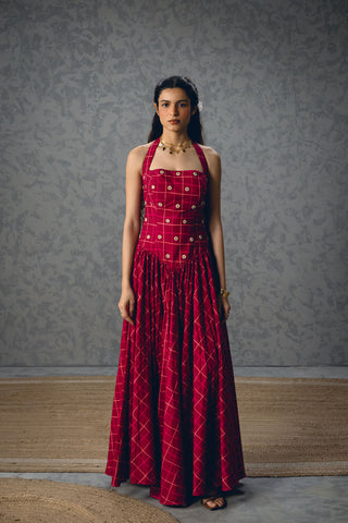 Stylish maroon checks corset dress with delicate embroidery and gathered waist detail, modern women’s summer outfit ideal for casual outings, travel wear, and chic styling.